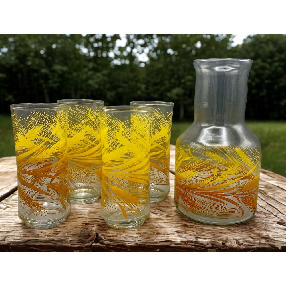 Vintage Libbey Golden Wheat Pattern Carafe Set 4 juice &‎ 8 drinking glasses MCM